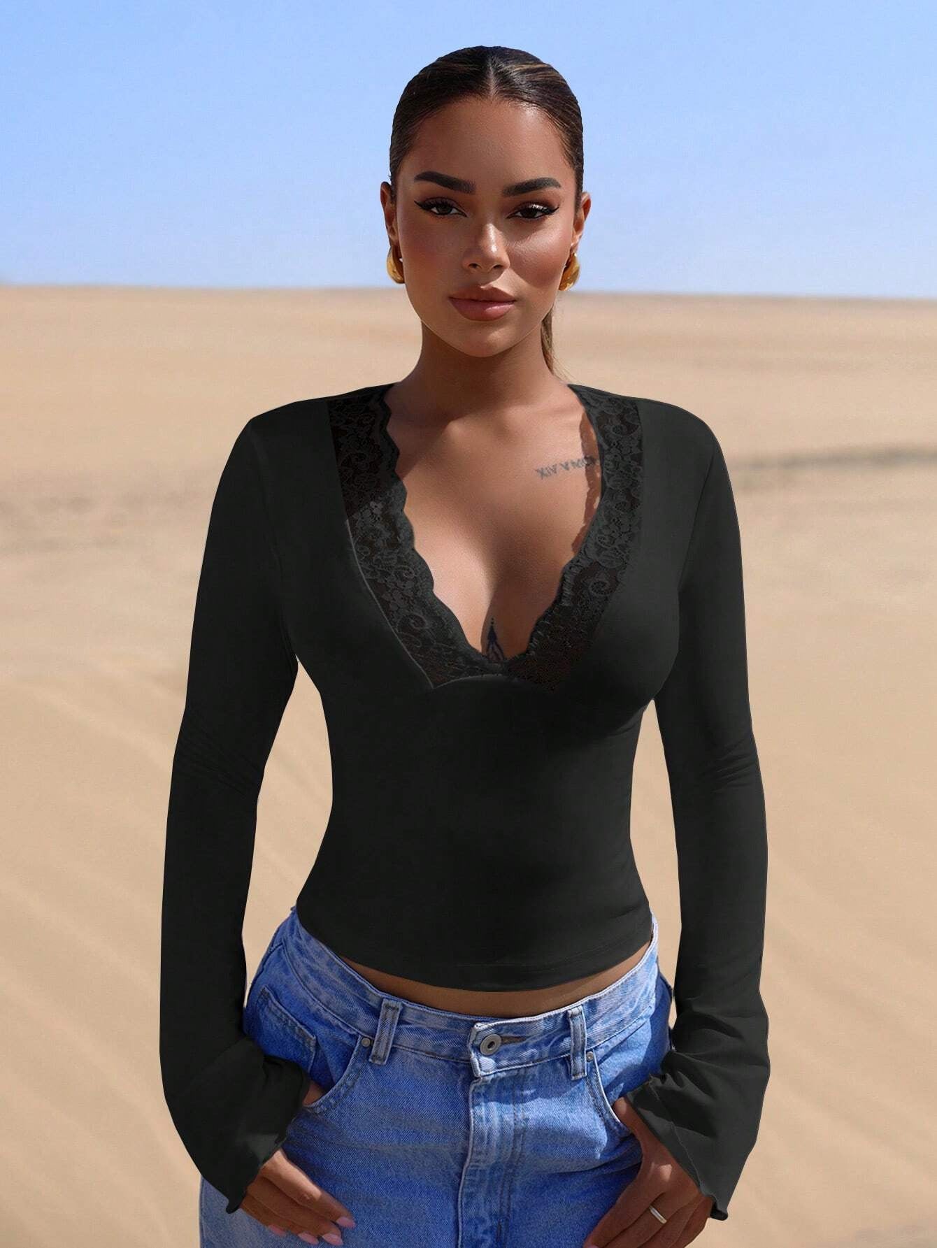 V neck Stitching Lace Sexy Long Sleeve Slim Fit Top