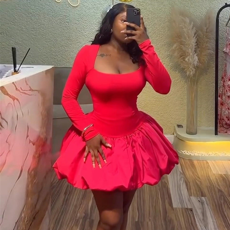 Women Clothing Summer Square Collar Solid Color Long Sleeve Slim Fit Bud Dress