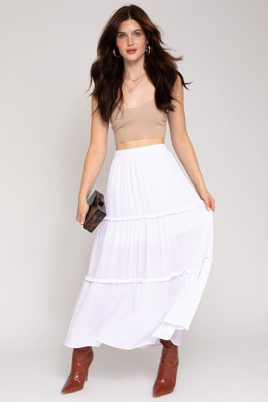 Elastic Waist Merrow Edge Tiered Midi Skirt