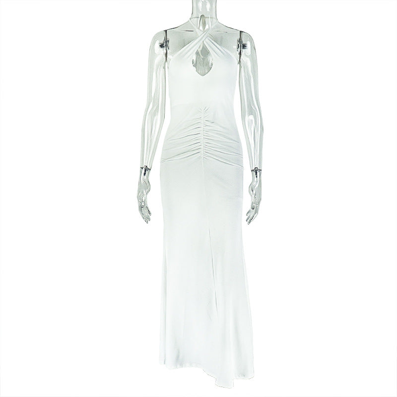Solid Color Elegant Women Pleated Backless Hip Slim Fit Cross Halterneck Maxi Dress