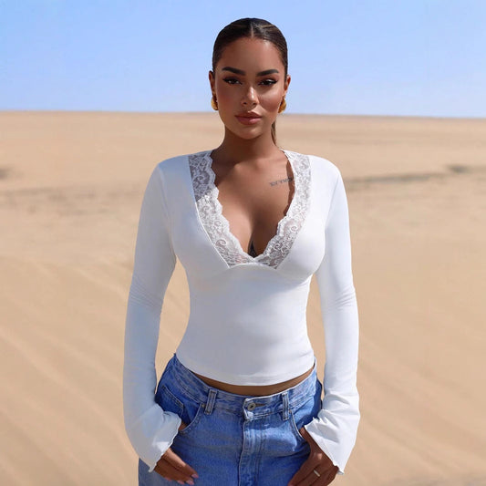 V neck Stitching Lace Sexy Long Sleeve Slim Fit Top