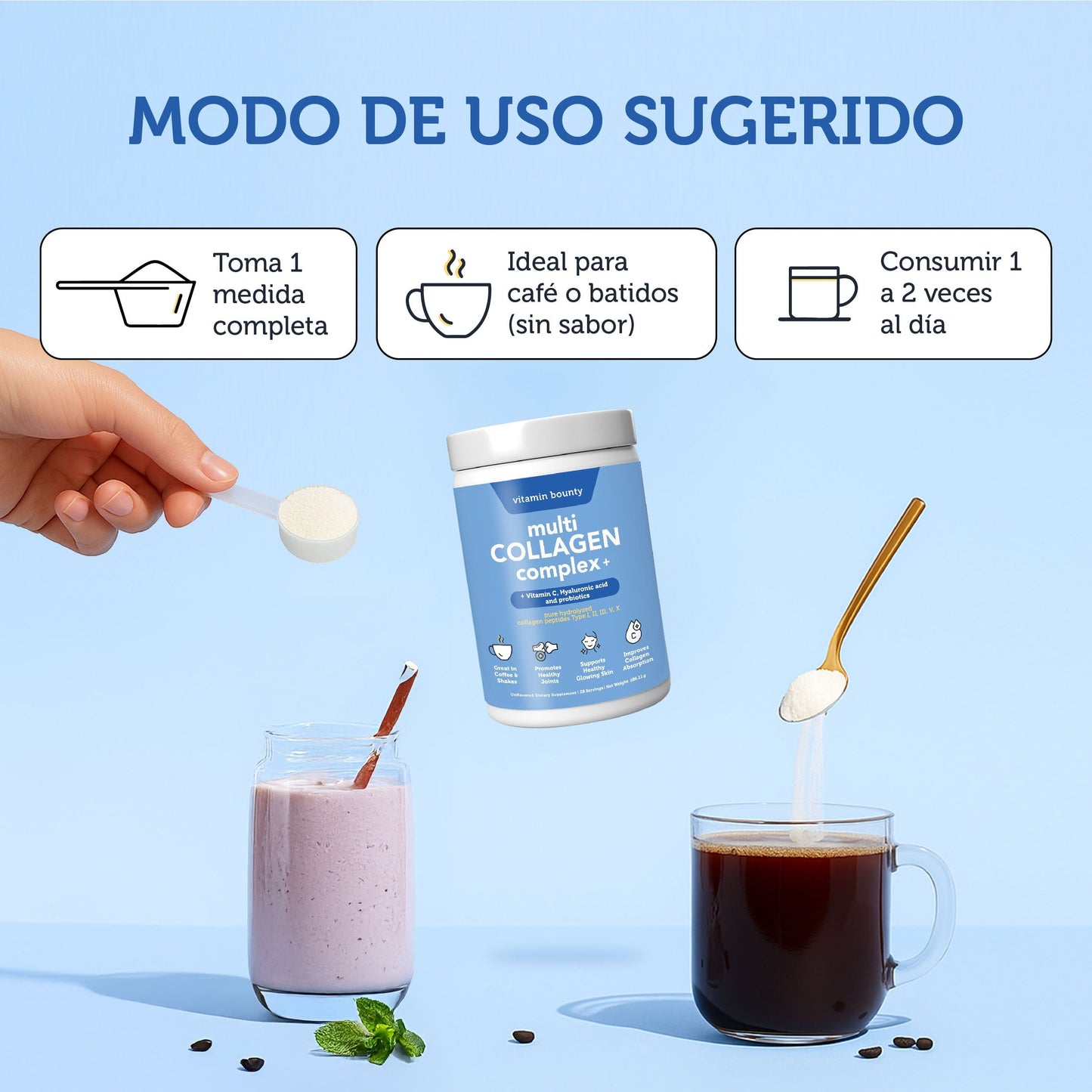 Colageno Hidrolizado 5 en 1 con Ácido Hialurónico, Vitamina C y Probióticos